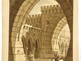 un vieux dessin représentant un château, avec un homme et une femme devant