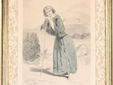 an old picture of a woman in a blue dress holding a cane