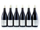 six bottles of red wine are lined up in a row