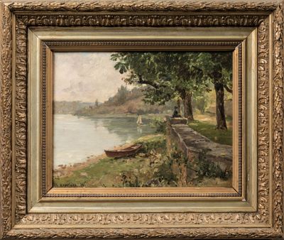 une image représentant un tableau où l'on voit un homme assis sur un banc au bord d'une rivière