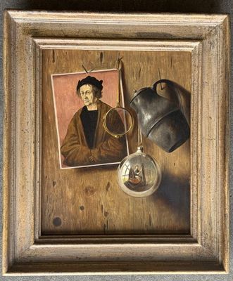 an oil painting of a man holding a pair of scissors next to a picture of a man with a hat