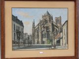 tableau représentant une église en ville, avec une horloge sur sa façade