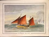 painting of a red sailboat in the ocean with icebergs in the background