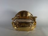 gold snake skin purse with a metal clasp on a white surface