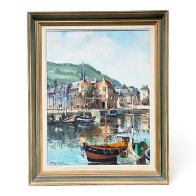peinture à l'huile encadrée représentant une scène portuaire avec des bateaux sur l'eau