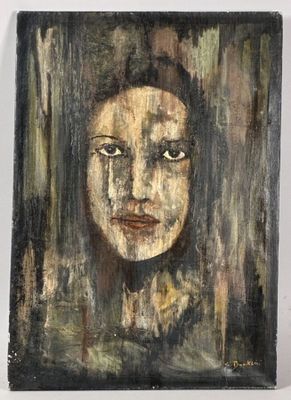 an oil painting of a woman ' s face on a wooden panel
