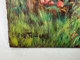 a painting on a piece of wood with flowers painted on it