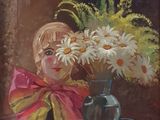 a painting of a little girl with flowers in a vase