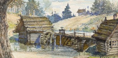 une aquarelle représentant un village avec une roue à eau au premier plan