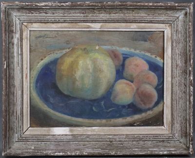 an oil painting of a bowl of peaches and a pear on a blue plate