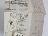 several drawings of people and buildings are on a white surface