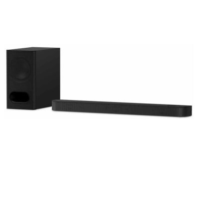 the sound bar is black and has two subs on top of it