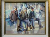 a painting of three men sitting on a bench
