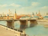 un tableau représentant un pont enjambant une rivière, avec une ville en arrière-plan