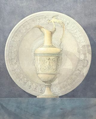 une peinture représentant un vase posé sur une assiette, elle-même posée sur une table