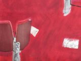 a painting on the wall of a red room with chairs