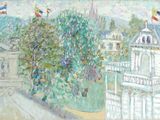 peinture représentant un tableau d'un bâtiment avec une tour horloge en arrière-plan