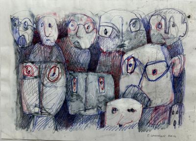 drawing of a group of people standing in a line with a dog