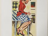 a painting of a woman sitting at a table