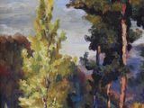 peinture représentant une peinture d'arbres dans un champ, avec le ciel en arrière-plan