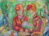 tableau représentant deux femmes assises à une table, avec des fleurs devant elles