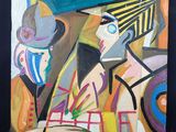 une peinture à l'huile représentant une femme avec un parapluie bleu et un homme portant un chapeau
