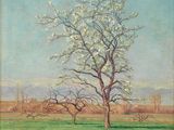 un tableau représentant un arbre dans un champ parsemé de fleurs jaunes