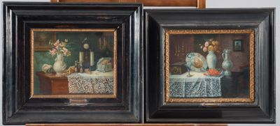 paintings of a couple of vases and a table with a table cloth on it