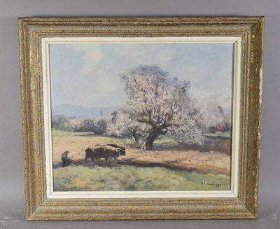 an oil painting of cows grazing in a field with a tree in the background