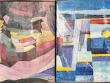 two paintings of different colors and shapes on a wooden surface