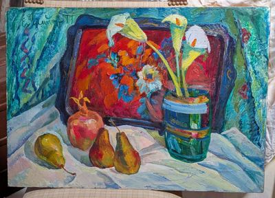 a painting of a vase with flowers and pears on a table
