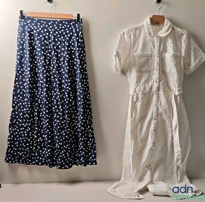 two dresses hanging on the wall next to each other