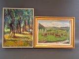 two paintings of cows in a field with trees in the background