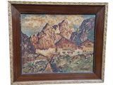 un tableau représentant un paysage de montagne avec un village au premier plan