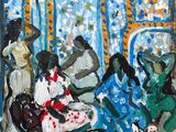 tableau représentant un groupe de personnes assises sur un tapis dans une pièce