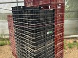 une pile de caisses dans une serre remplie de terre