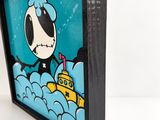 cartoon picture of a panda bear with a boat floating in the water