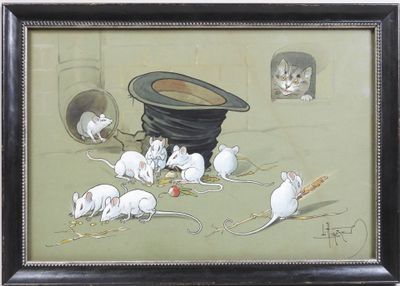 a picture of a painting of mice and a hat