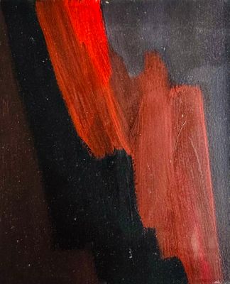 une peinture à l'huile représentant une femme en robe rouge assise sur une chaise