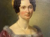 un vieux tableau représentant une femme en robe rouge avec une tia