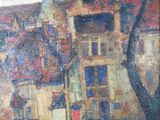 an image of a painting of a building with a tree in front of it