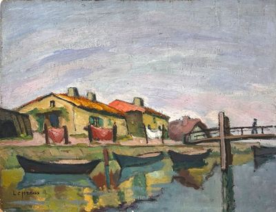 a painting of a boat in the water next to a building