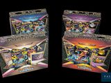 two boxes of pokemon trading cards are shown on a black background