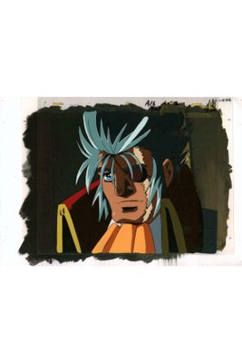 animation art of a man with blue hair in a yellow shirt