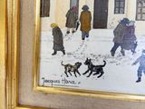 un tableau représentant un groupe de personnes et un chien dans la neige