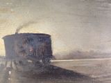 an oil painting of a train traveling down the tracks on a cloudy day