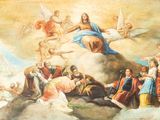 a painting of a group of people sitting on a cloud