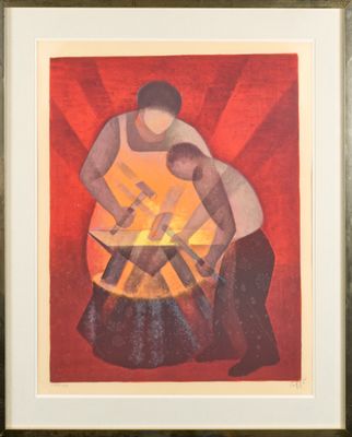 tableau représentant un homme tenant un marteau à la main et un autre homme tenant un marteau à la main
