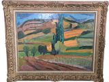 une peinture à l'huile représentant un paysage avec des arbres et des collines, dans un cadre doré