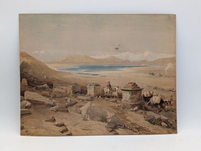an old picture of a painting of a group of people in a desert